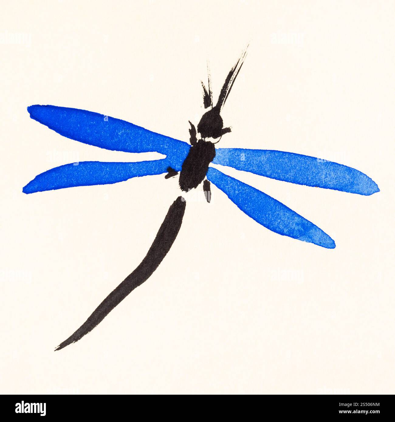 Ausbildung Zeichnung in suibokuga Sumi-e Stil mit Wasserfarben - Libelle mit Blue Wings hand auf cremefarbenem Papier gemalt Stockfoto