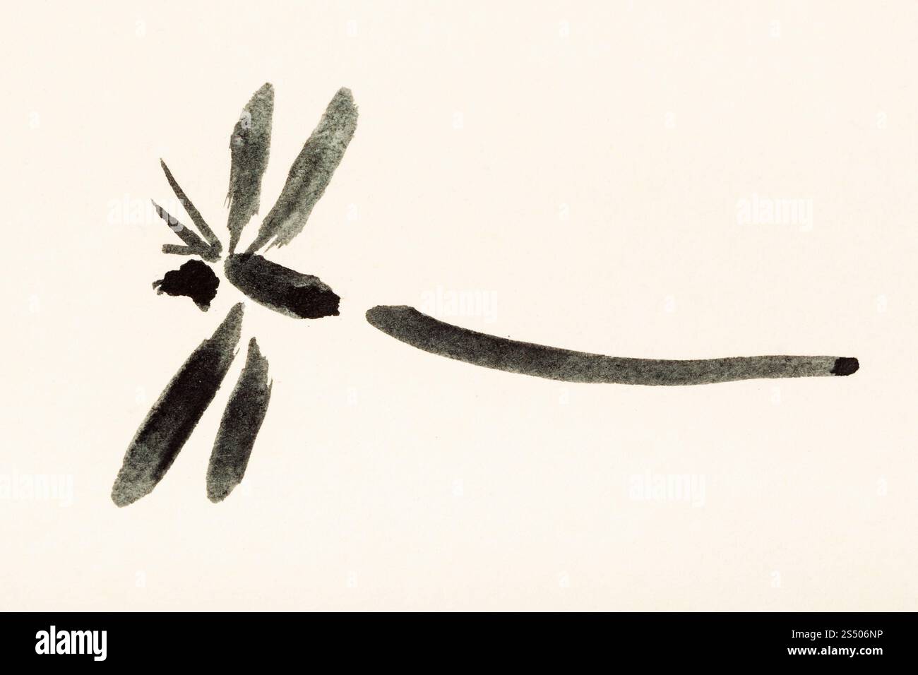 Ausbildung Zeichnung in suibokuga Sumi-e Stil mit Wasserfarben - Libelle auf cremefarbenem Papier gemalt Stockfoto