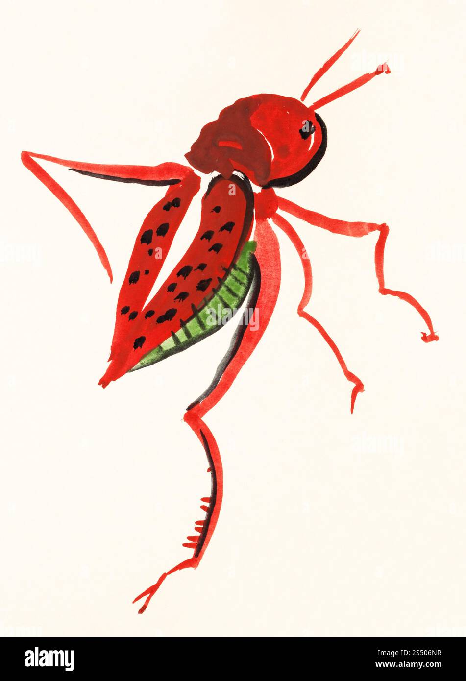 Ausbildung Zeichnung in suibokuga Sumi-e Stil mit Wasserfarben - locust Hand auf cremefarbenem Papier gemalt Stockfoto