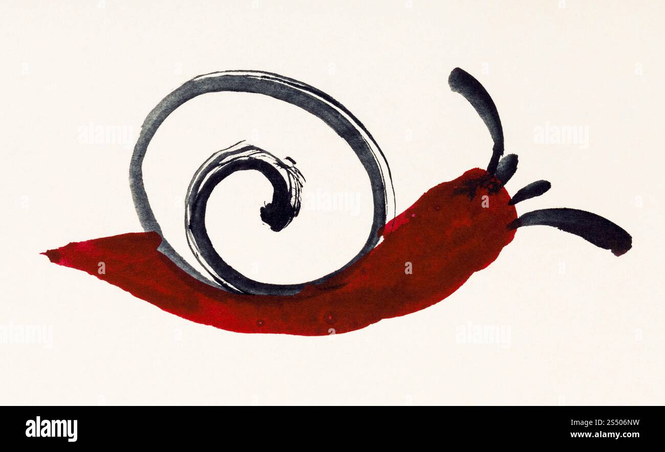 Ausbildung Zeichnung in suibokuga Sumi-e Stil mit Wasserfarben - Schnecke auf cremefarbenem Papier gemalt Stockfoto