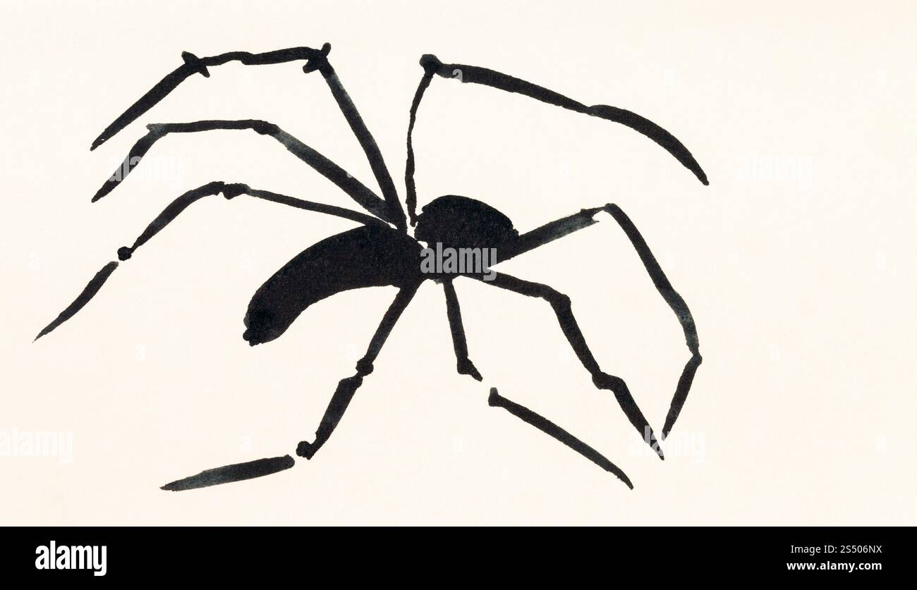Ausbildung Zeichnung in suibokuga Sumi-e Stil mit Wasserfarben - eine Spinne hand auf cremefarbenem Papier gemalt Stockfoto