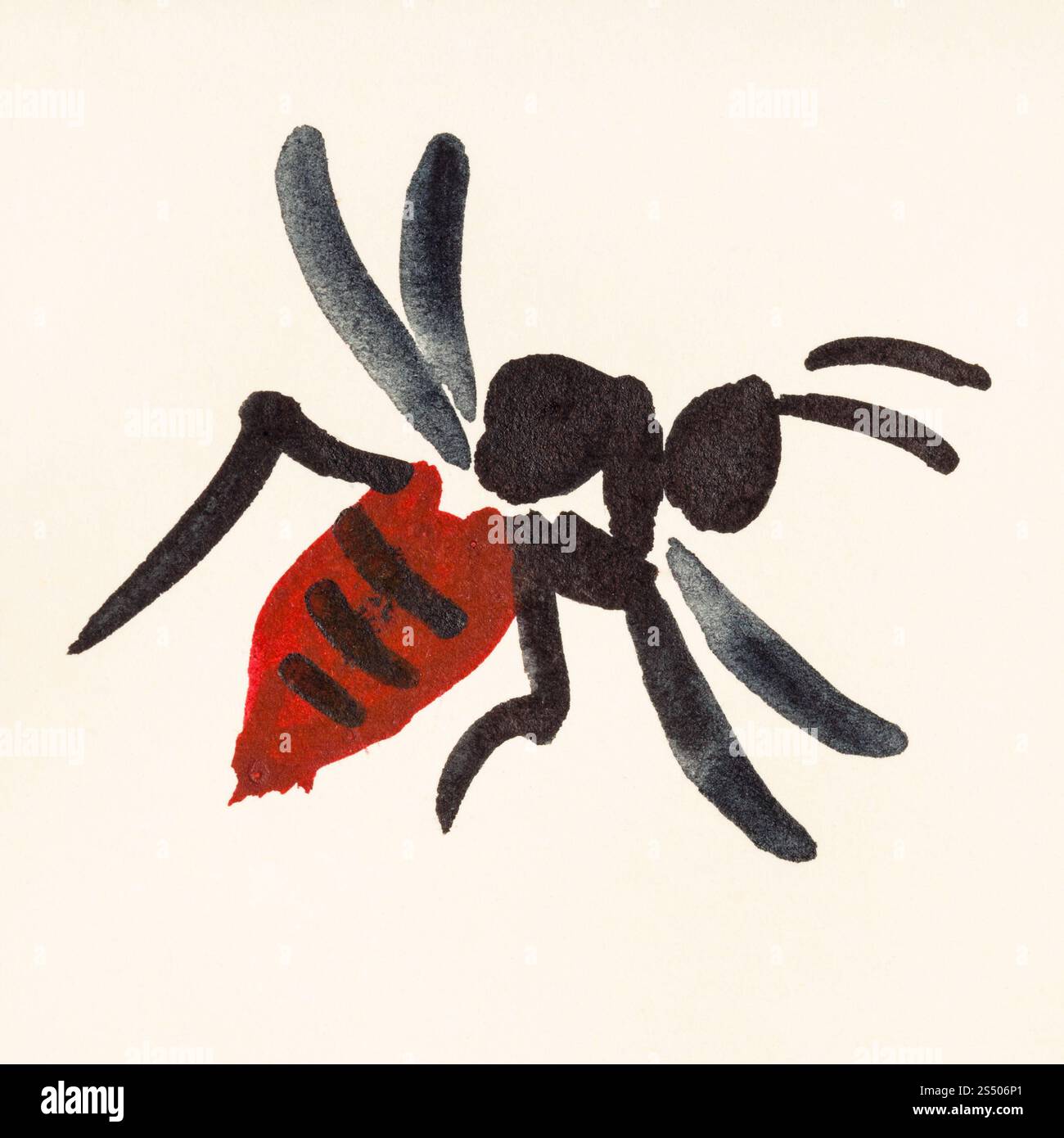 Ausbildung Zeichnung in suibokuga Sumi-e Stil mit Wasserfarben - Wespe auf cremefarbenem Papier gemalt Stockfoto