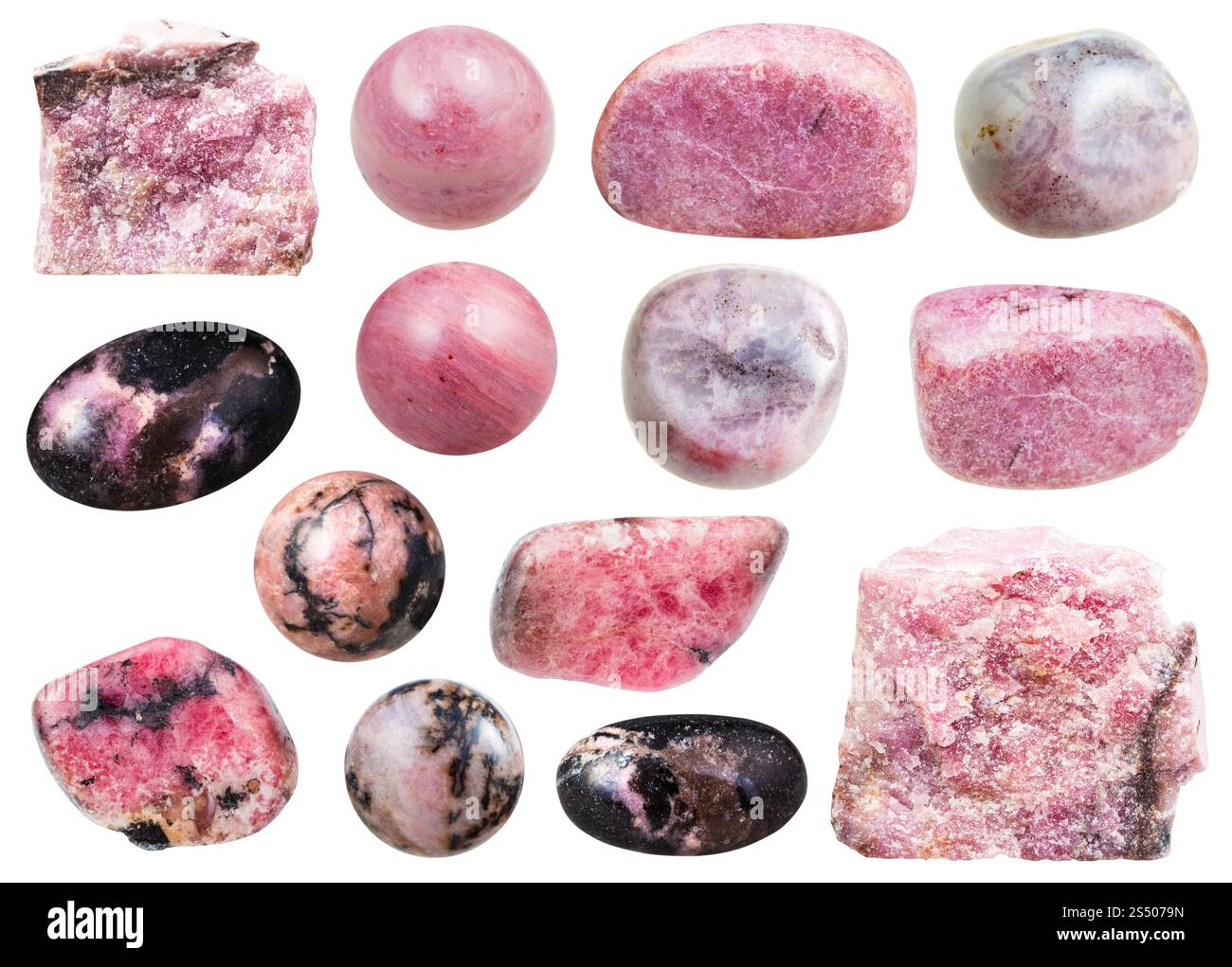 Satz von verschiedenen natürlichen Mineralien rhodochrosit Edelsteine auf weißem Hintergrund Stockfoto