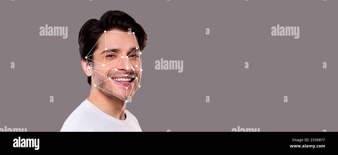 Gesichtserkennungstechnologie, dargestellt auf dem Gesicht eines lächelnden Mannes Stockfoto
