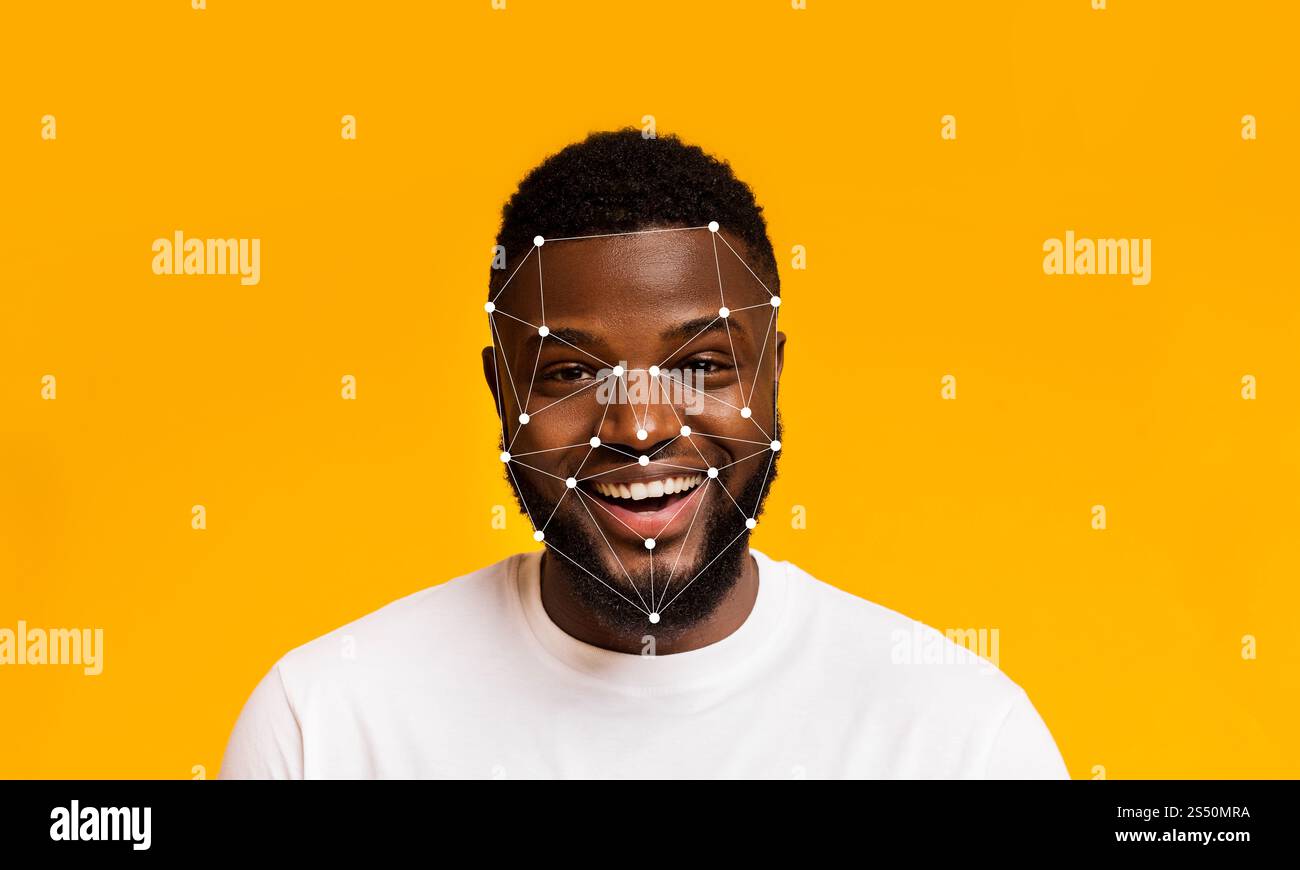 Gesichtserkennungstechnologie, die bei einer lächelnden Person mit lebendigem Hintergrund verwendet wird Stockfoto