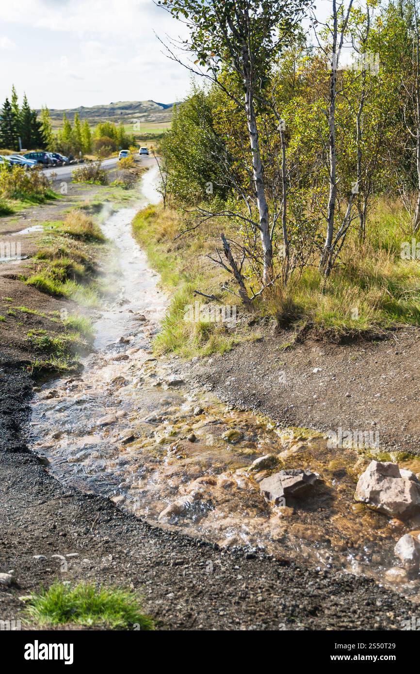 Reisen nach Island - warmes Wasser fließen im Haukadalur Hot Spring Valley im Herbst Stockfoto Reisen nach Island - warmes Wasser fließen im Haukadalur Hot Spring Valley im Herbst Stockfoto