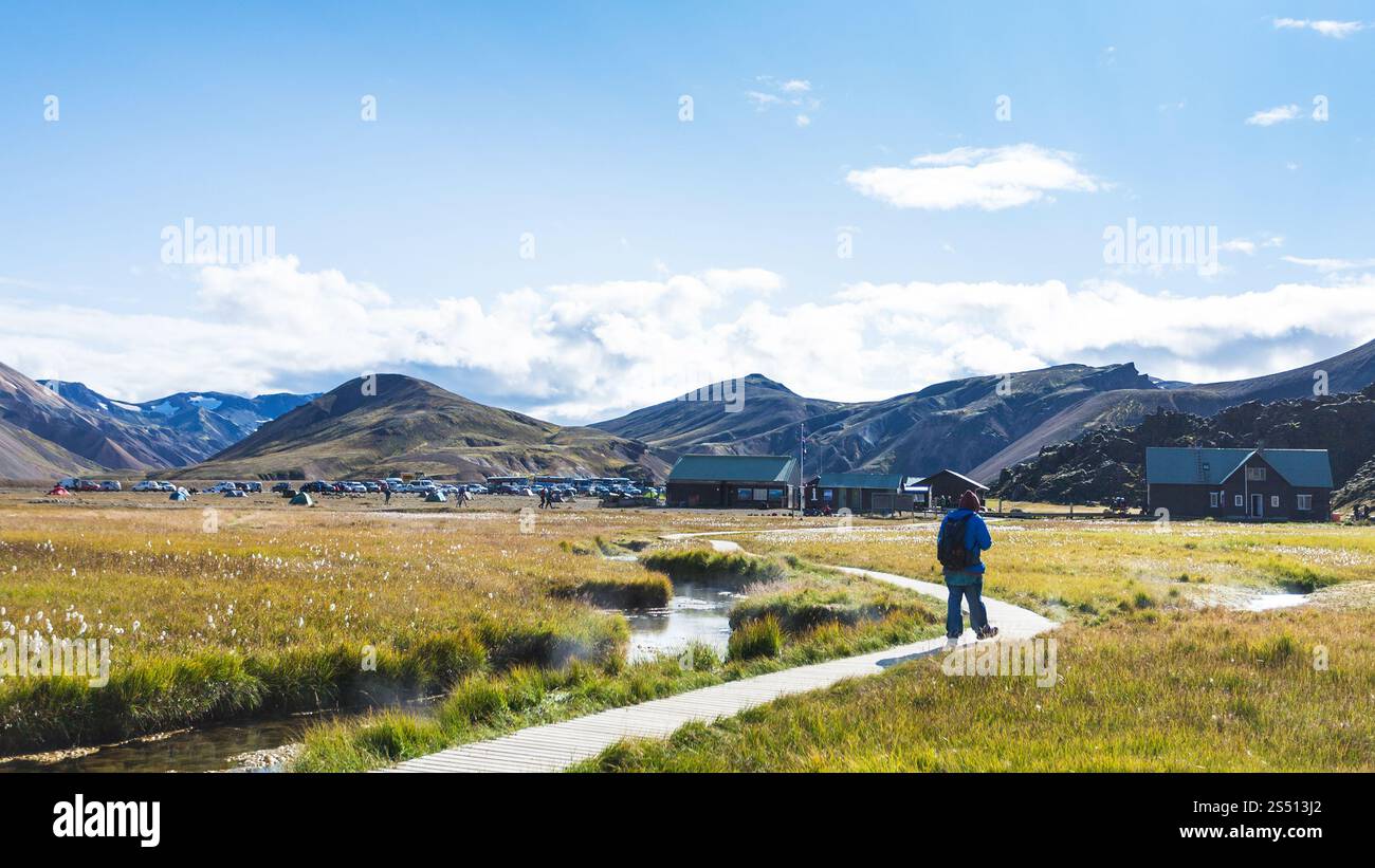 Reisen nach Island - Touristen auf dem Weg zum Camp in Landmannalaugar Bereich Fjallabak Nature Reserve im Hochland von Island im September Stockfoto
