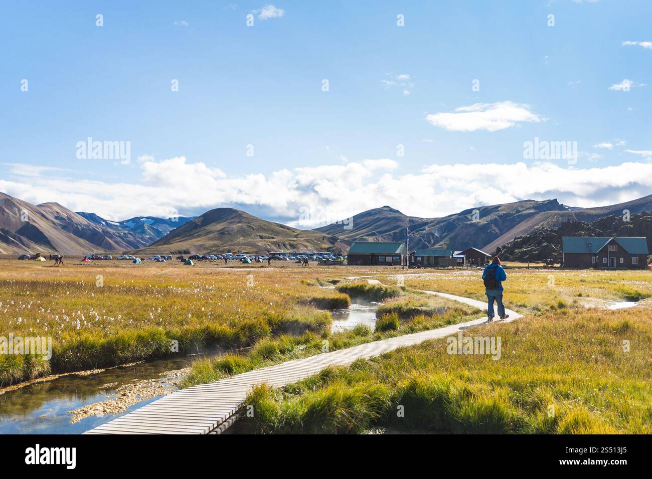Reisen nach Island - Besucher auf dem Weg zum Camp in Landmannalaugar Bereich Fjallabak Nature Reserve im Hochland von Island im September Stockfoto