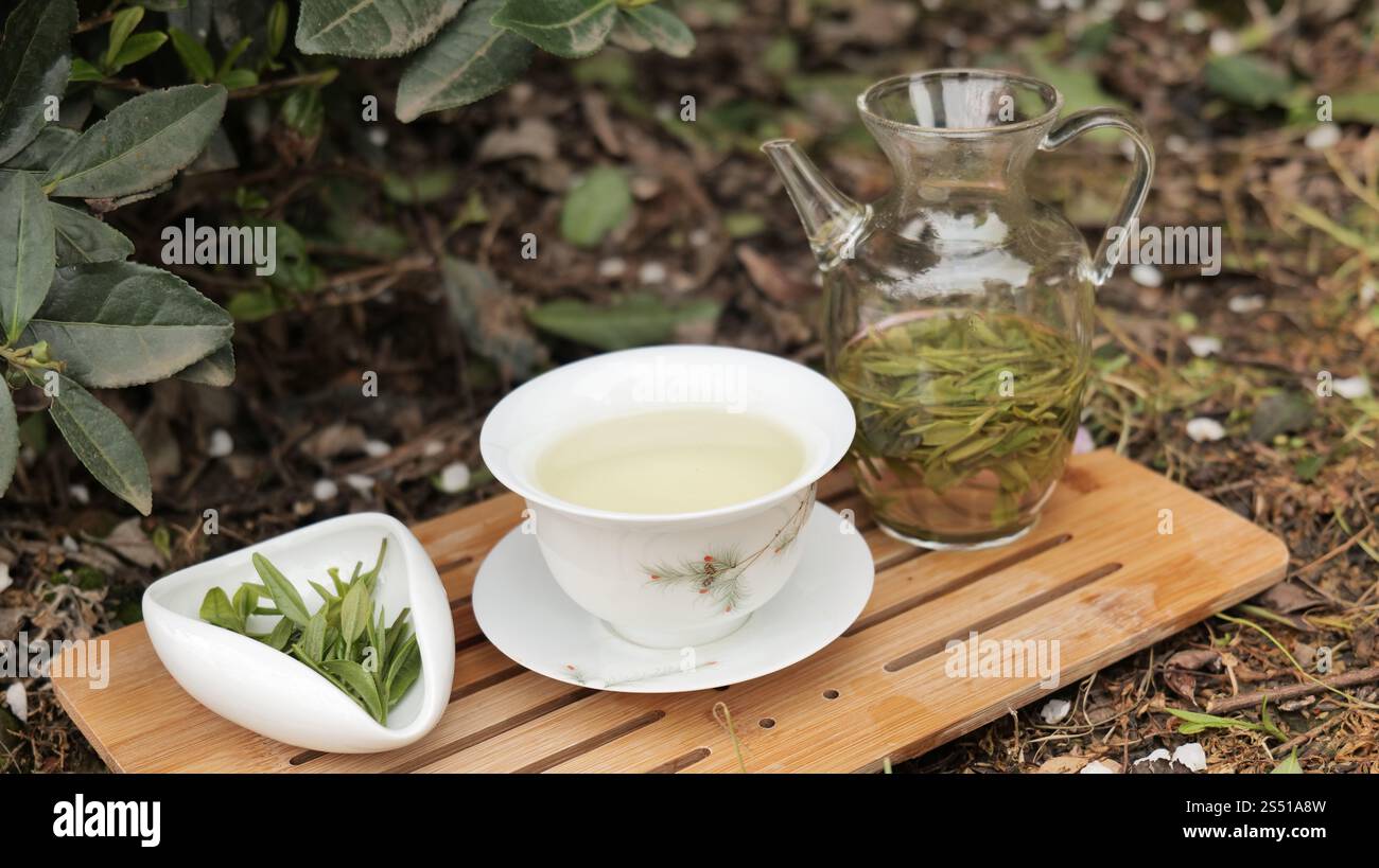 Chinesische Teekanne und Tassen mit longjing Tee, Hangzhou China. . Hochwertige Fotos Stockfoto