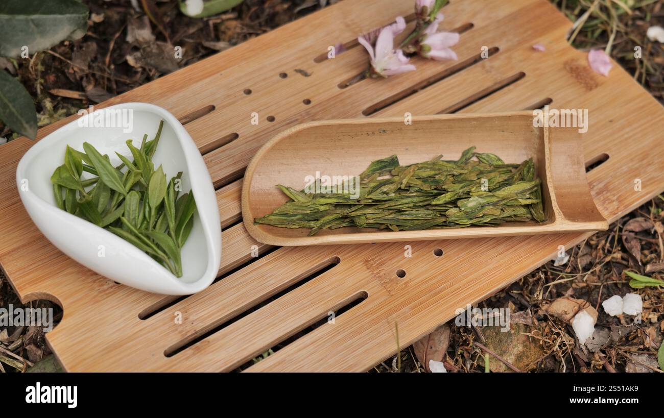 Chinesische Teekanne und Tassen mit longjing Tee, Hangzhou China. . Hochwertige Fotos Stockfoto