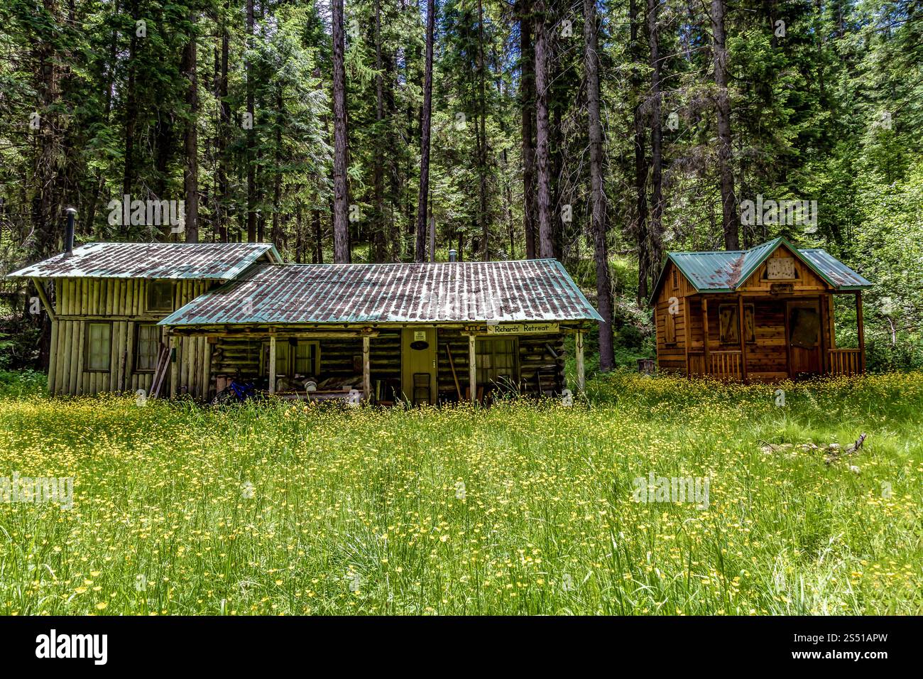 Rustikale Holzhütten in einer malerischen Waldlandschaft, umgeben von lebendiger Wildnis, Eagle Cap Wilderness, Oregon Stockfoto