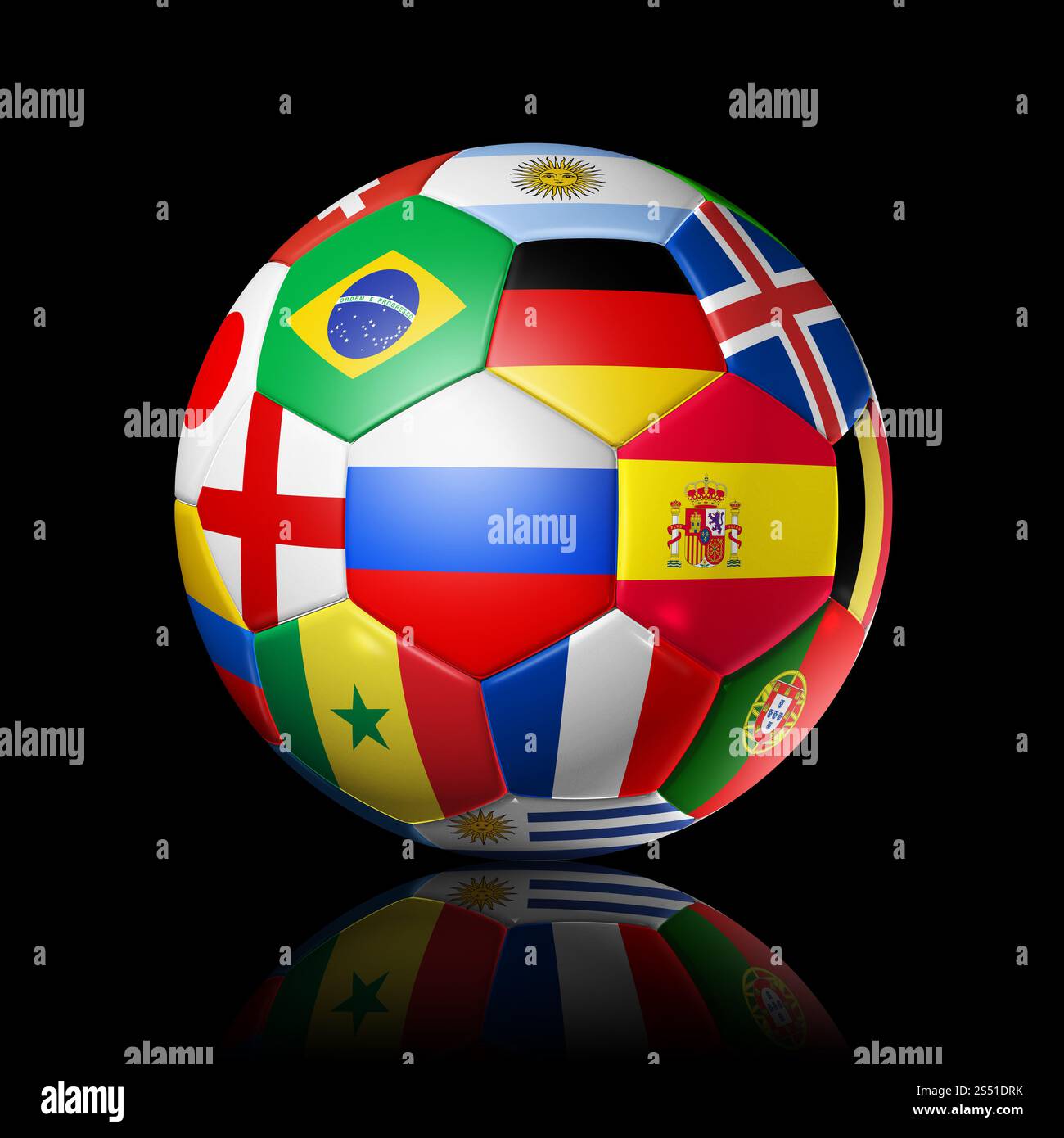 Russland 2018. Fußball mit Nationalflaggen auf schwarzem Hintergrund. 3D-Fußball mit Nationalflaggen. Russland 2018. Stockfoto
