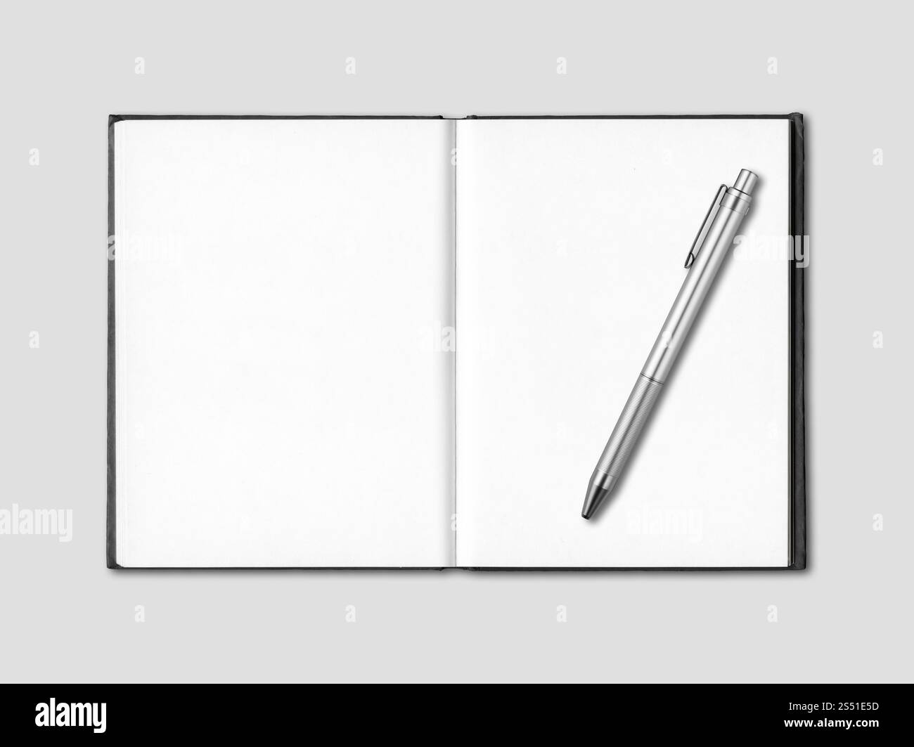 Leeres offenes Notebook und Stiftmodell isoliert auf Grau. Leeres offenes Notebook und Stift isoliert auf Grau Stockfoto