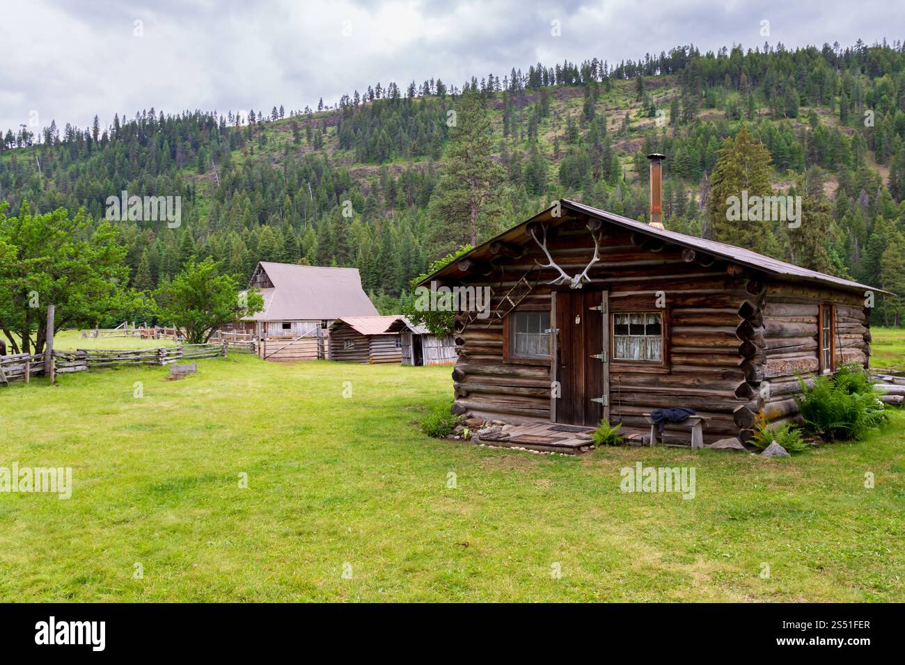 Rustikale Blockhütte in einem malerischen Bergtal mit üppiger grüner Weide, Red's Horse Ranch, Eagle Cap Wilderness, Oregon Stockfoto