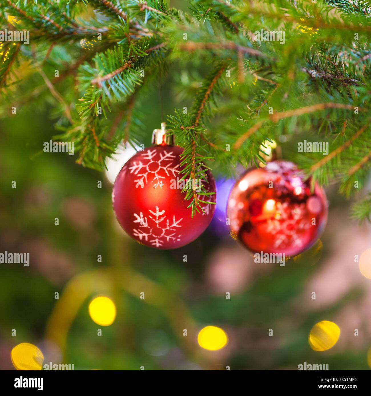 Weihnachten Hintergrund - rote Kugeln mit Schneeflocke auf natürlichem weihnachtsbaumzweig innen Stockfoto