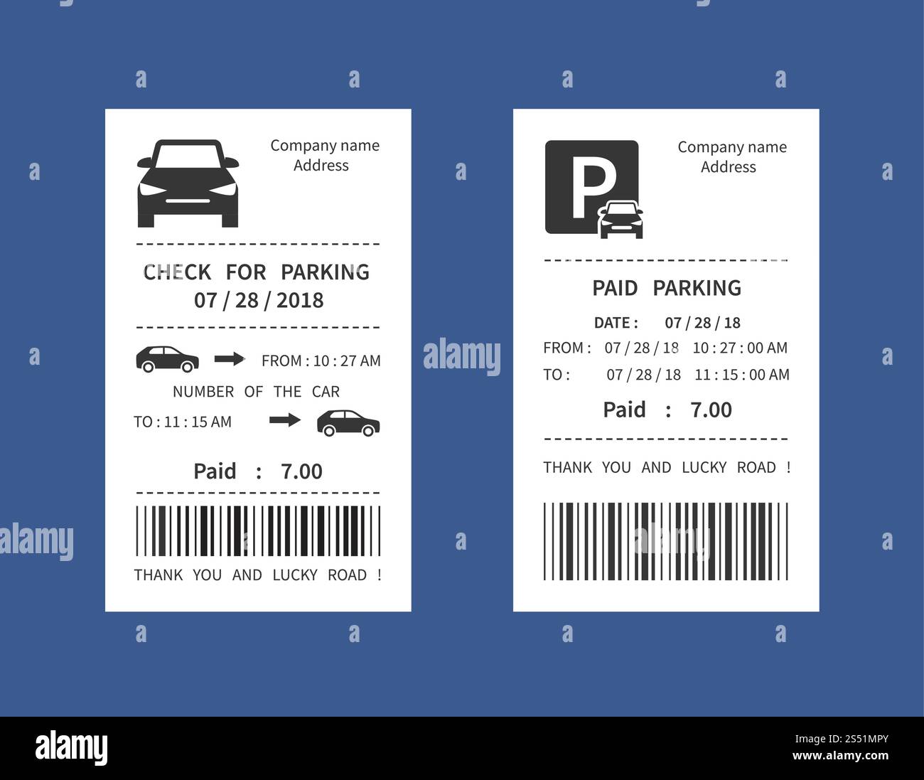 Parkschein, Geldstrafe Quittung Vektor Illustration isoliert. Parkservice mit kostenpflichtigem Check. Parkschein, Geldstrafe Quittung Vektor Illustration isoliert Stock Vektor