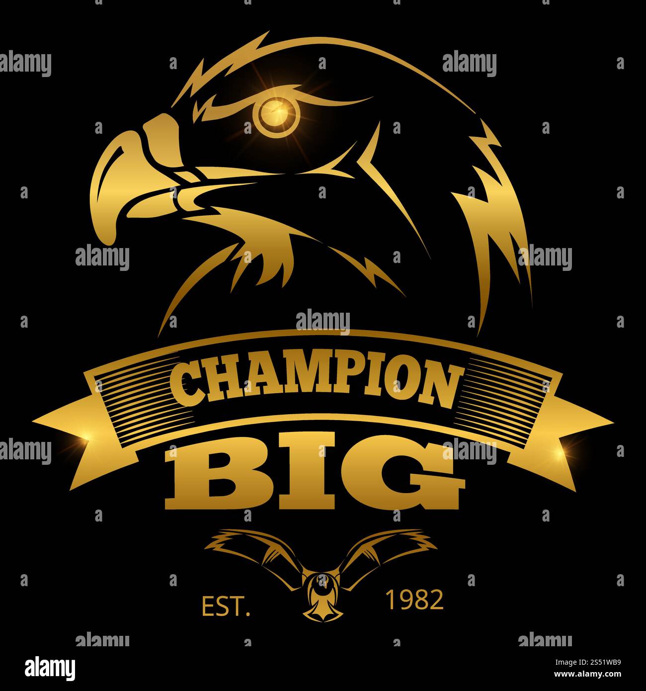 Eagle Heraldik Vektoretiketten, Logos, Embleme. Goldenes Adlerzeichen, isoliert auf schwarzer Hintergrundillustration. Eagle Heraldik Vektoretiketten, Logos, Embleme. Design mit goldenem Adler Stock Vektor