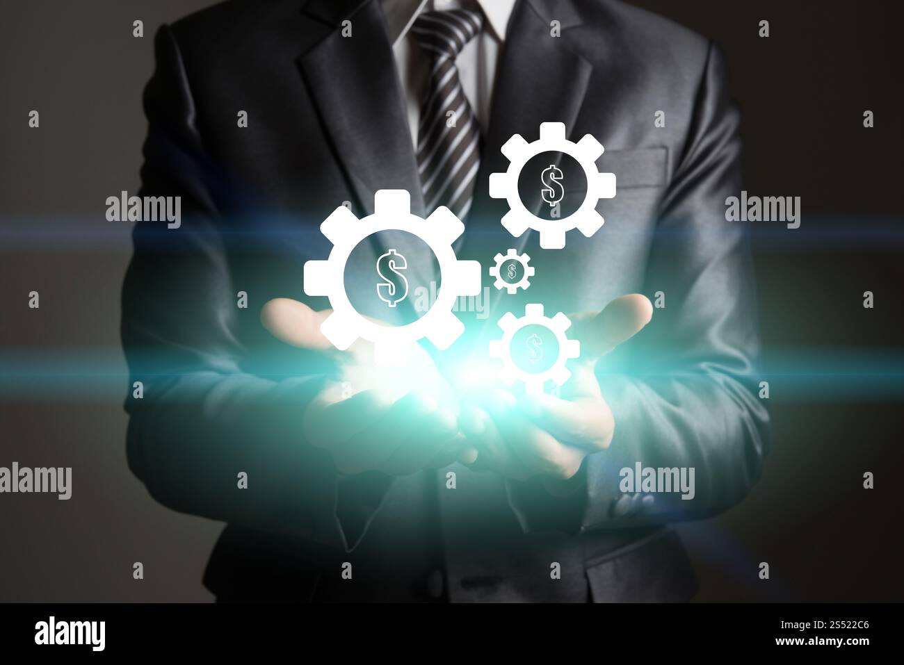 Geschäftsmann-Hand-Holding-Technologie-Schnittstelle mit Zahnrad. Schnittstelle für die Handhalterung von Geschäftsleuten mit Zahnradeinstellung. Stockfoto