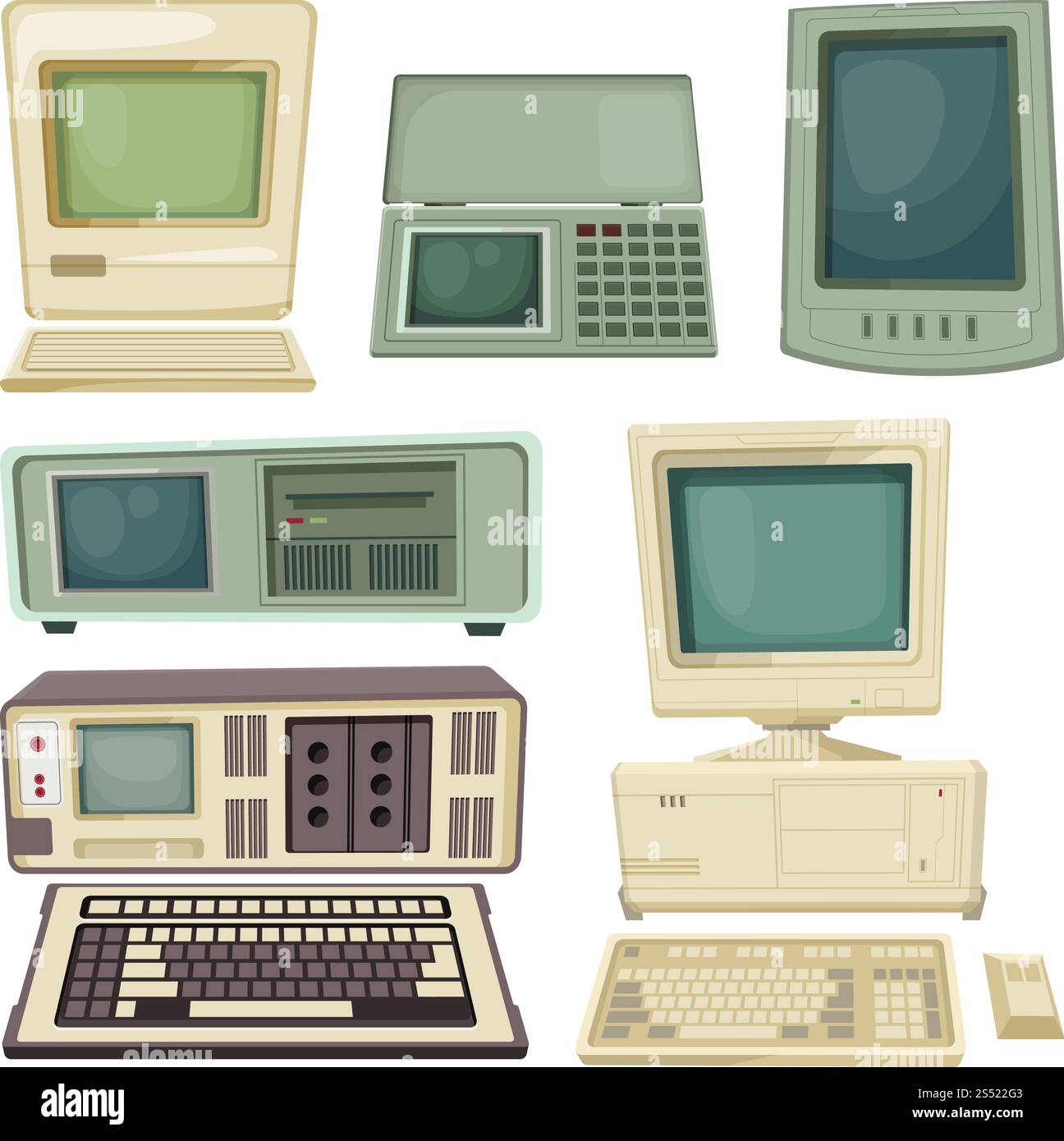 Vintage-Illustrationen von Desktop-Computern und anderen technischen Geräten. Retro-Gerät mit Tastatur, Monitor Vintage. Vintage-Illustrationen von Desktop-Computern und anderen technischen Geräten Stock Vektor