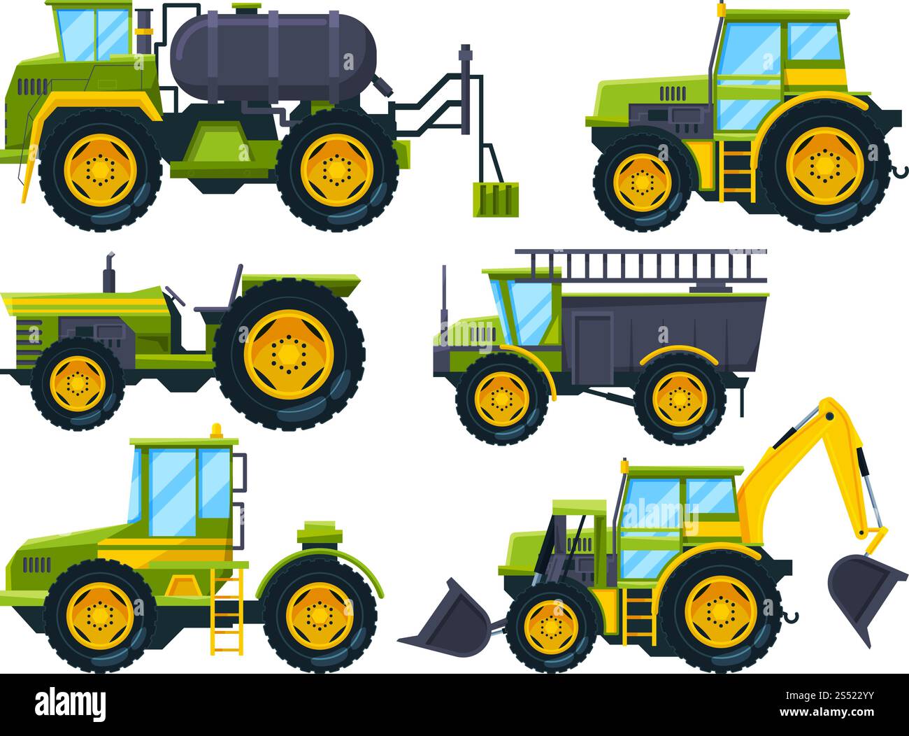Landmaschinen. Farbige Bilder im Cartoon-Stil. Vector Machine Farm, Ausrüstung Traktor für Landwirtschaft Illustration. Landmaschinen. Farbige Bilder im Cartoon-Stil Stock Vektor
