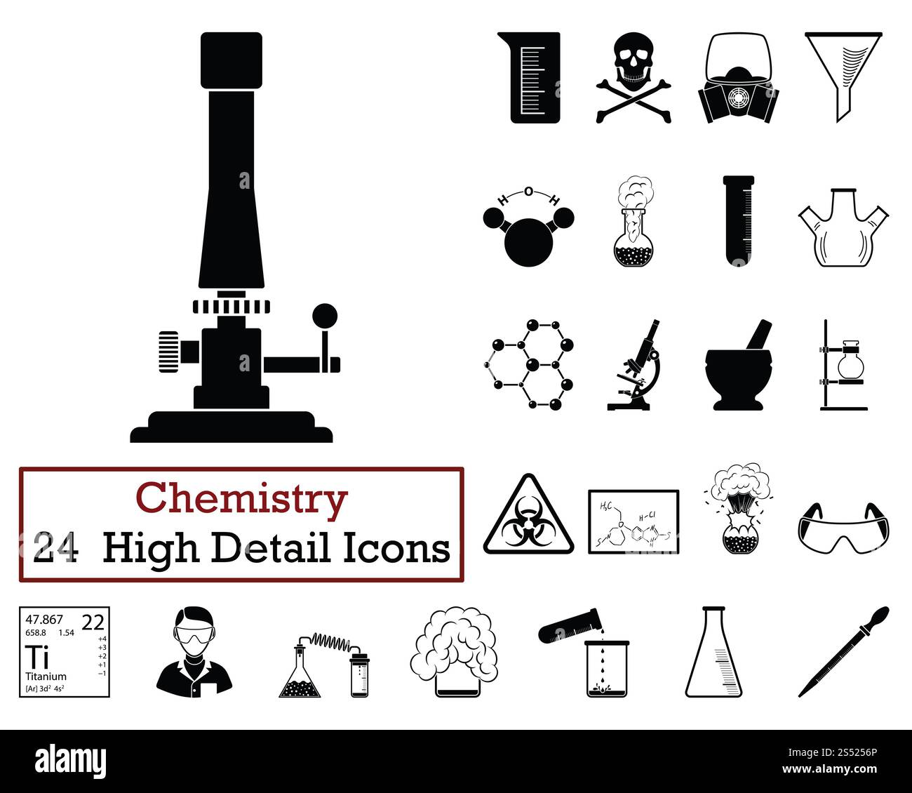 Satz von 24 Chemie Symbole. Monochrome Farbgestaltung. Vector Illustration. Stockfoto