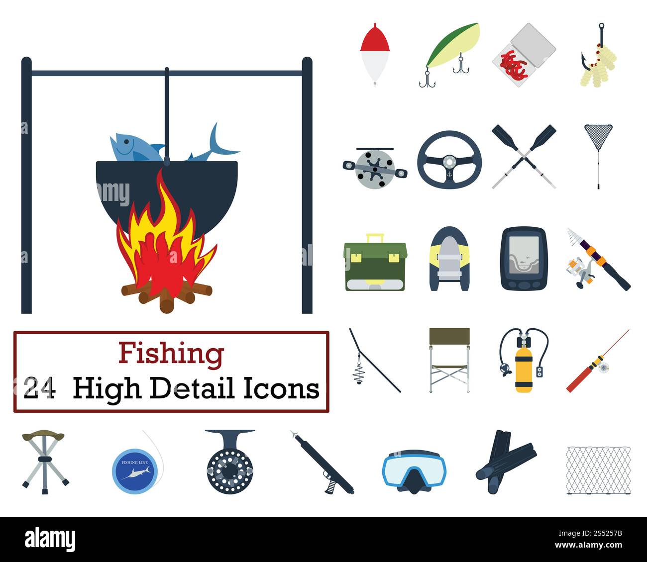 Set von 24 Angeln Icons. Flache Farbgestaltung. Vektor-Illustration. Stockfoto