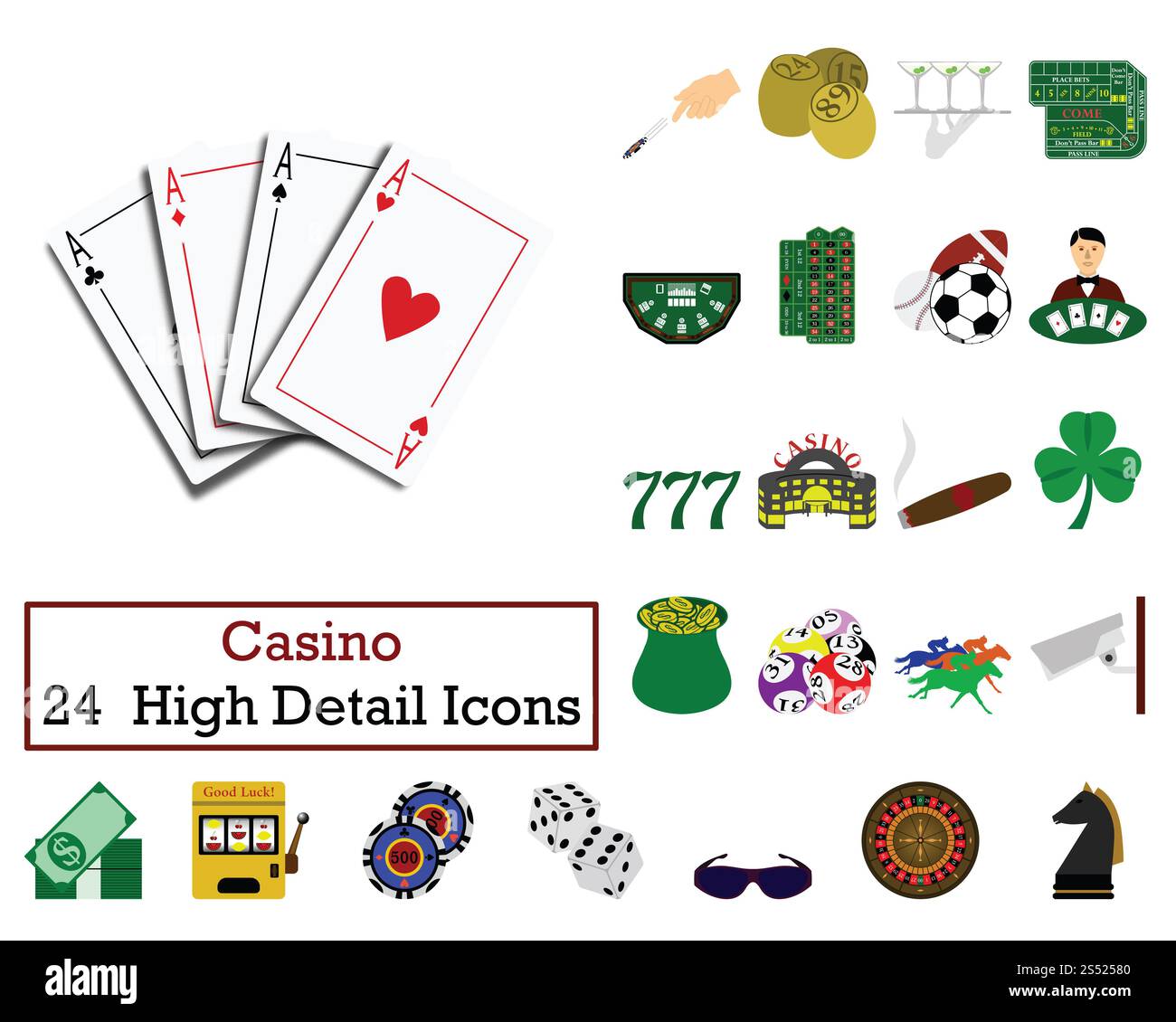 Set mit 24 Casino-Symbolen. Flaches Farbdesign. Vektorabbildung. Stockfoto