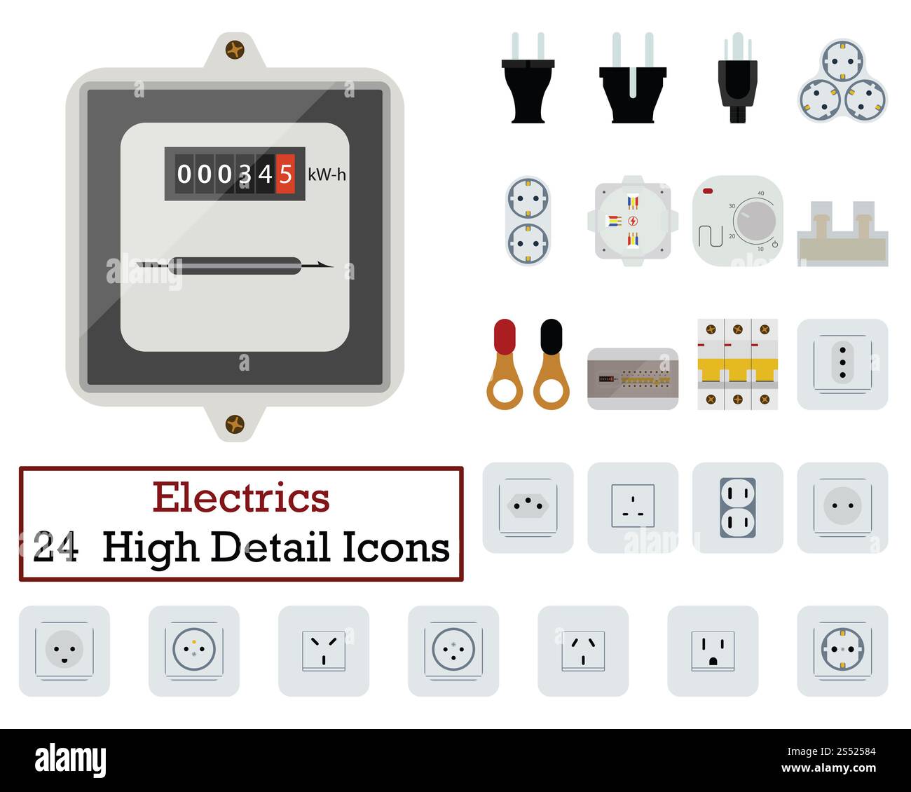 Satz mit 24 elektrischen Symbolen. Flaches Farbdesign. Vektorabbildung. Stockfoto