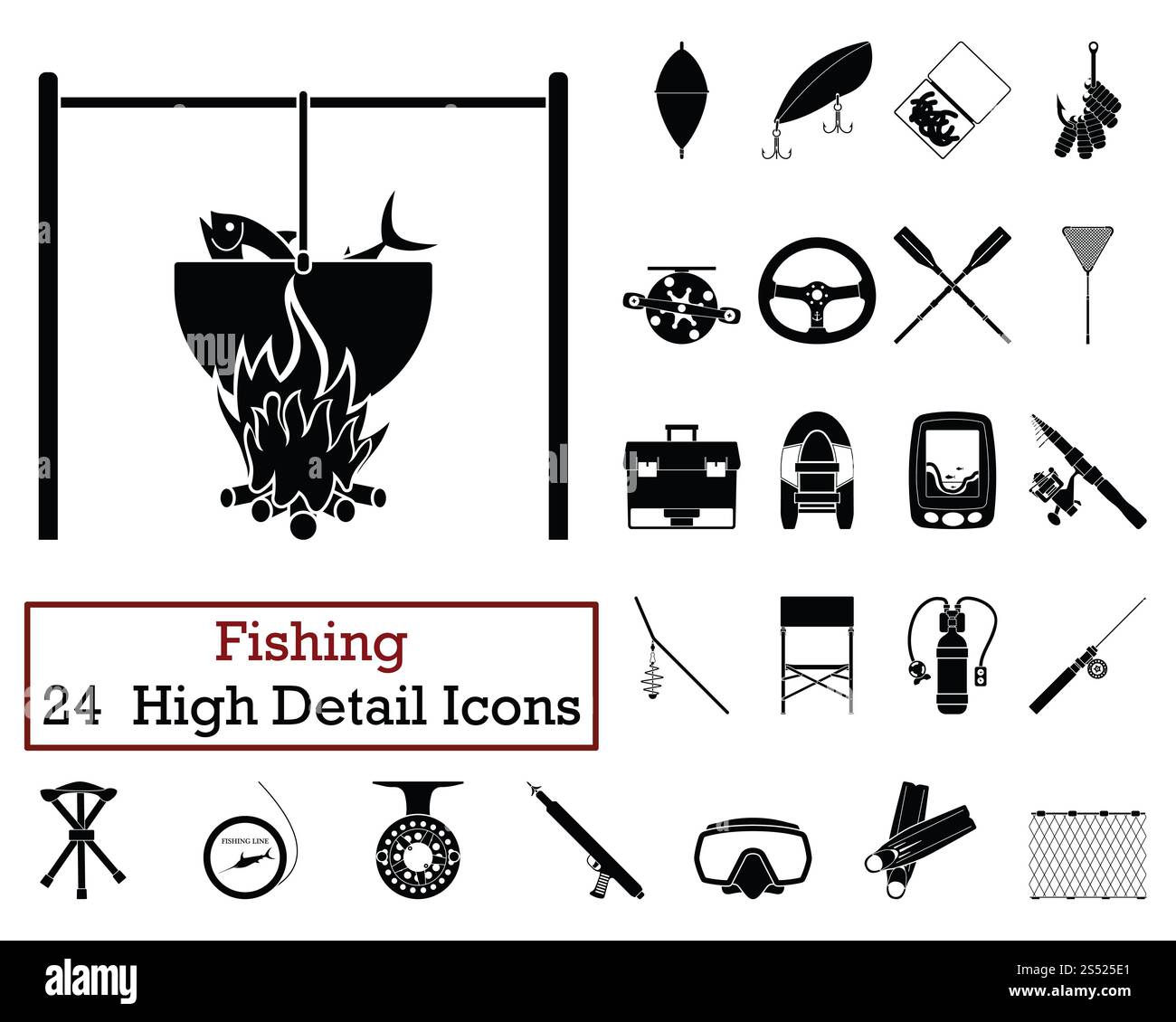 Set mit 24 Angelsymbolen. Einfarbiges Design. Vektorabbildung. Stockfoto