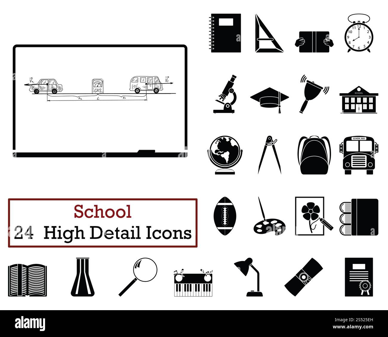 Set mit 24 Bildsymbolen. Einfarbiges Design. Vektorabbildung. Stockfoto