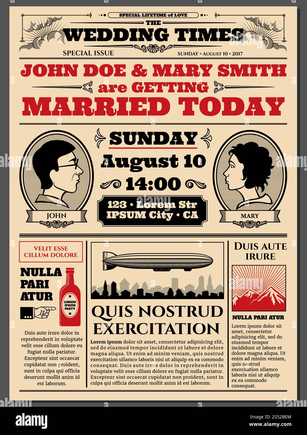 Vintage-Zeitung Titelseite, Hochzeitseinladungen Vektor-Layout. Info über die Hochzeit in der Zeitung, Illustration des artikels Hochzeitseinladung. Vintage Stockfoto