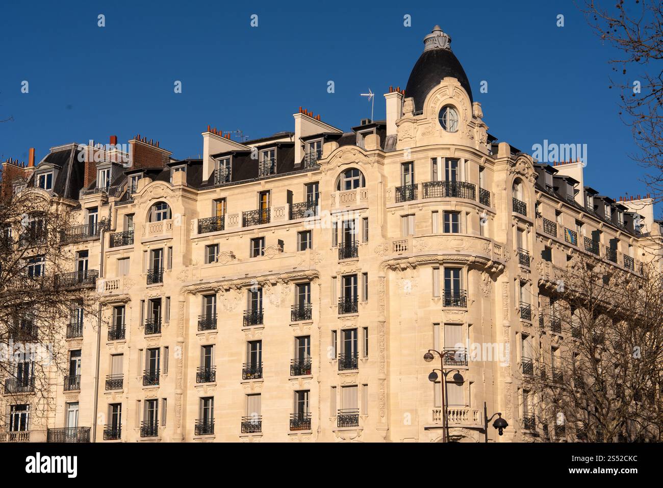 Die historische französische Architektur zeigt ein kompliziertes Design vor blauem Himmel Stockfoto