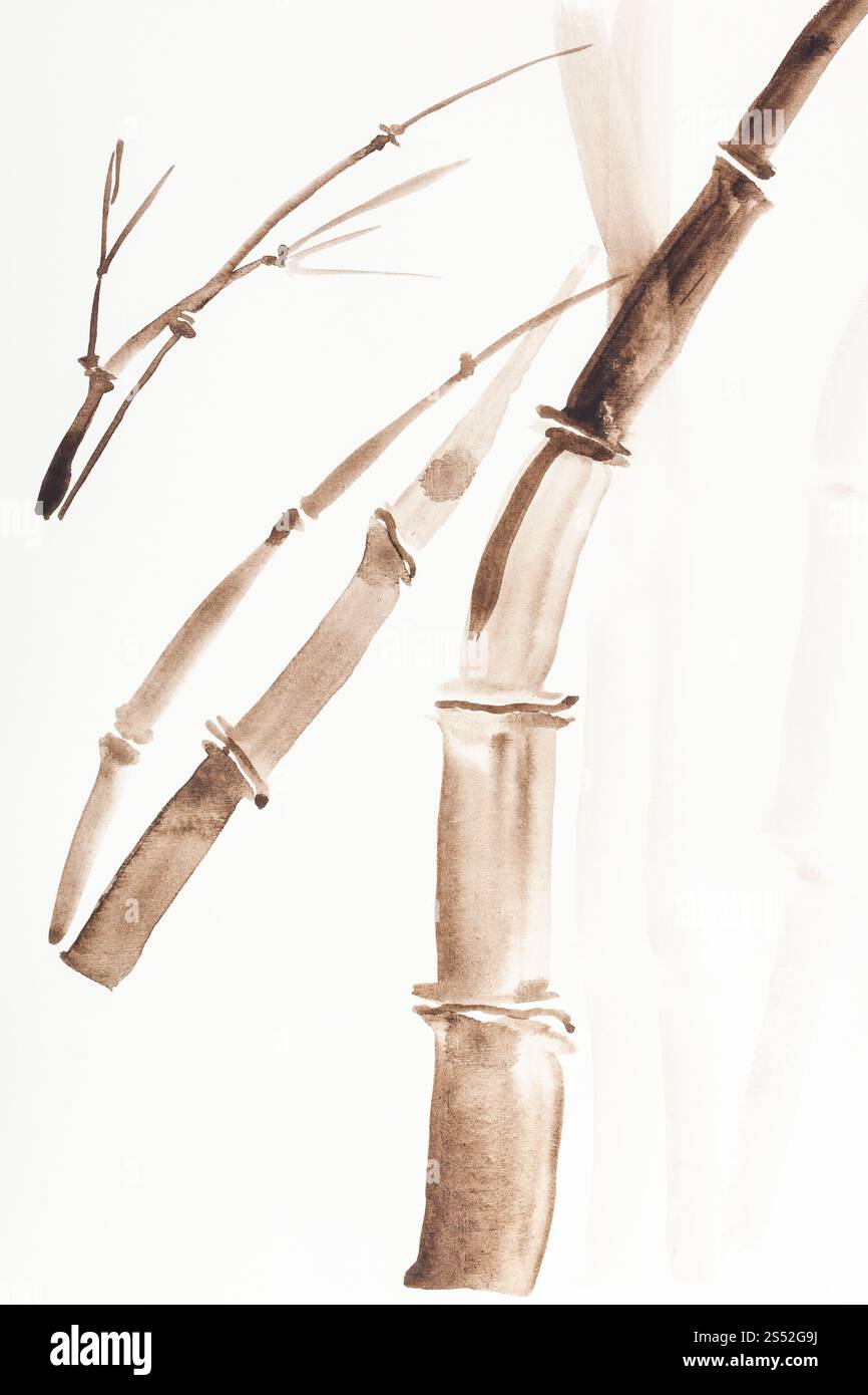 Hand Malerei in Sumi-e Stil an den cremefarbenen Papier - Bambus verzweigte durch Braun Aquarelle gezeichnet Stockfoto