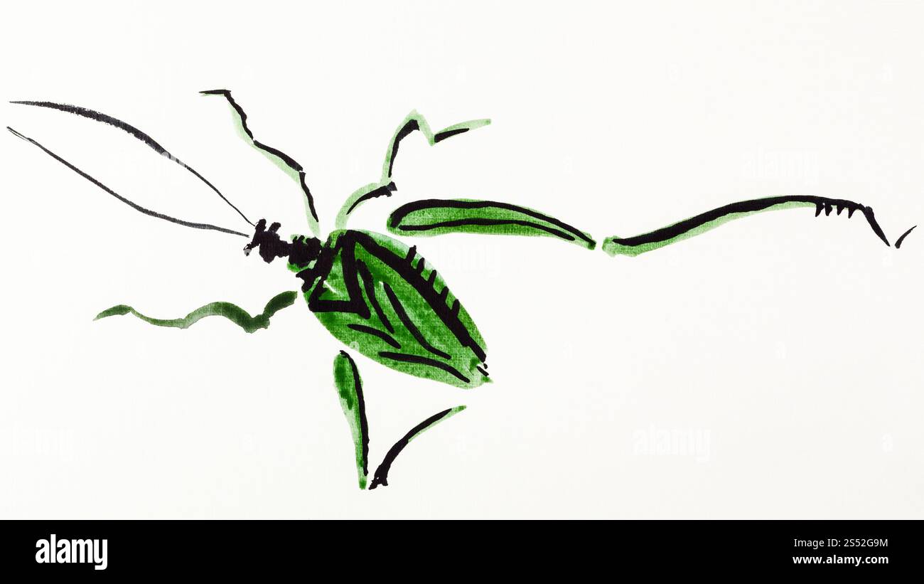 Hand Malerei in Sumi-e Stil an den cremefarbenen Papier - grasshopper von grünen und schwarzen Aquarelle gezeichnet Stockfoto