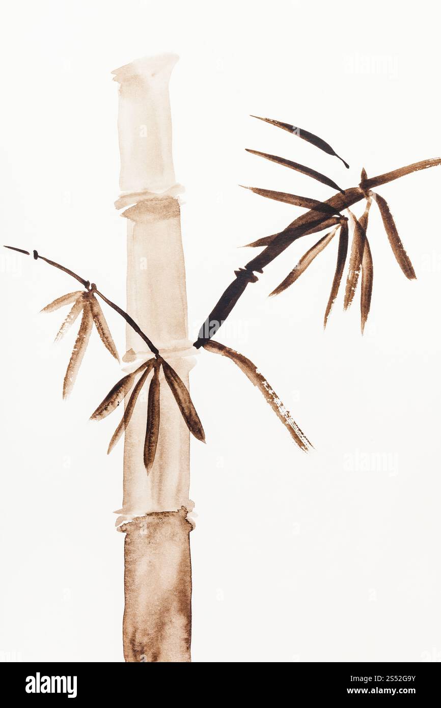 Hand Malerei in Sumi-e Stil an den cremefarbenen Papier - Bambus Amtsleitung von Braun Aquarelle gezeichnet Stockfoto