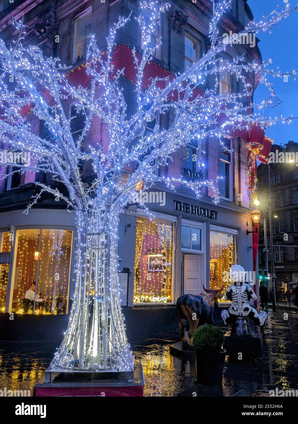 Festliche Lichter und regnerische Reflexe - Edinburghs Charme strahlt im Huxley hell. Stockfoto