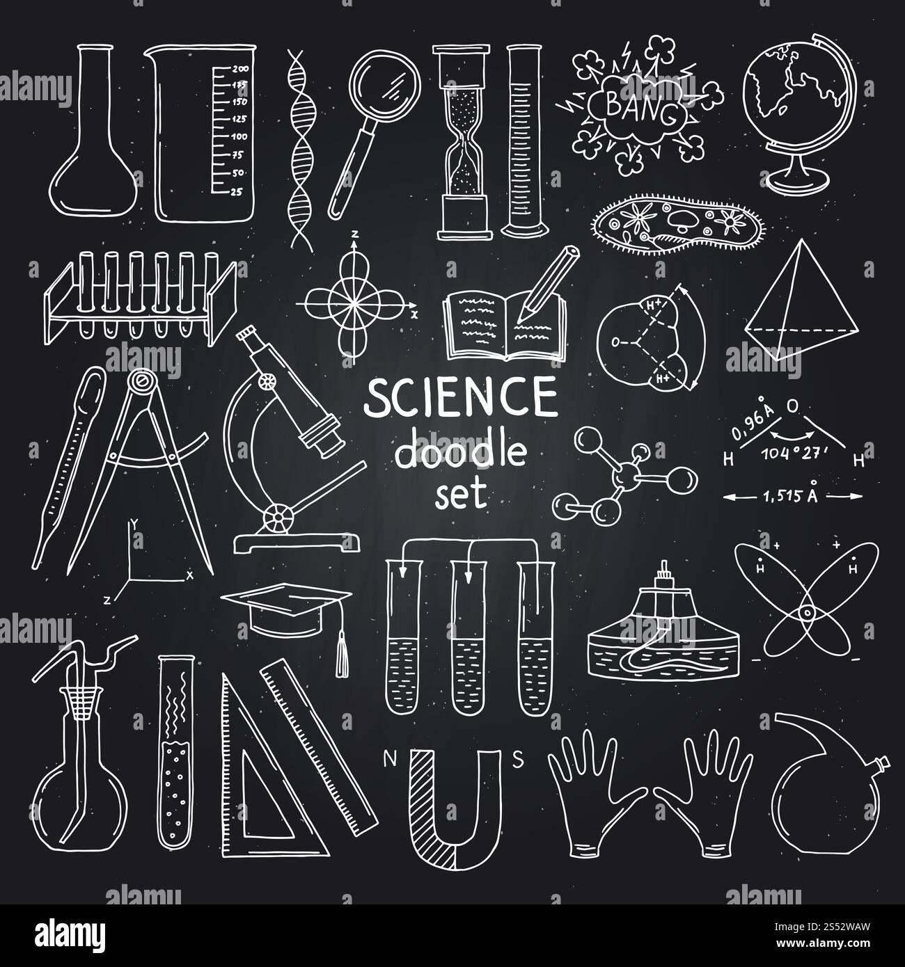 Vektor skizzierte Elemente aus Wissenschaft oder Chemie auf schwarzem Tafel. Illustration der Wissenschaftschemie auf der Tafel. Vektorskizzierte naturwissenschaftliche oder chemische Elemente auf schwarzem Tafel Stock Vektor