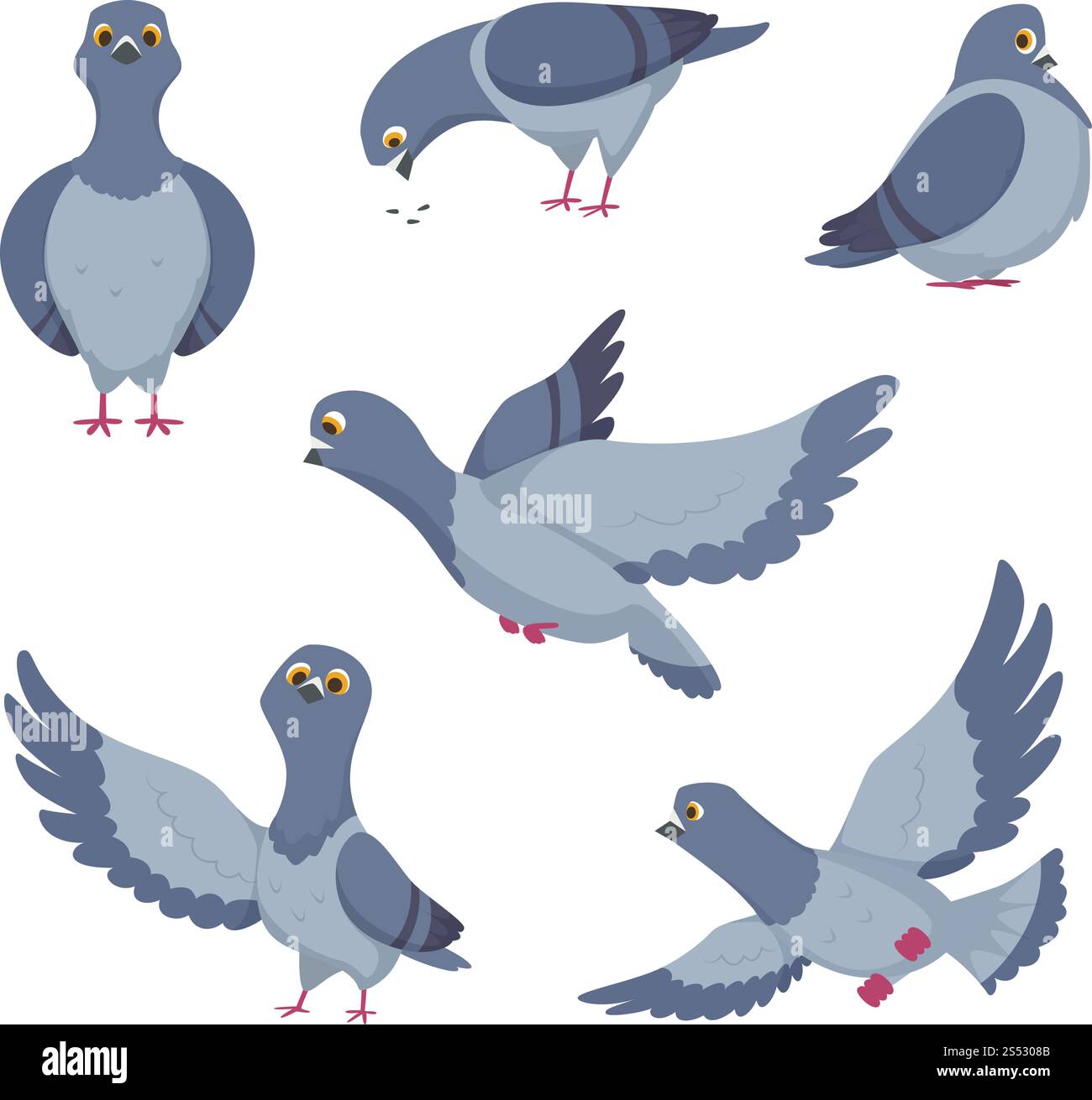 Cartoon-Set mit lustigen Tauben. Abbildungen von Vögeln. Vector Pigeon Freedom Zeichensammlung. Cartoon-Set mit lustigen Tauben. Abbildungen von Vögeln Stock Vektor