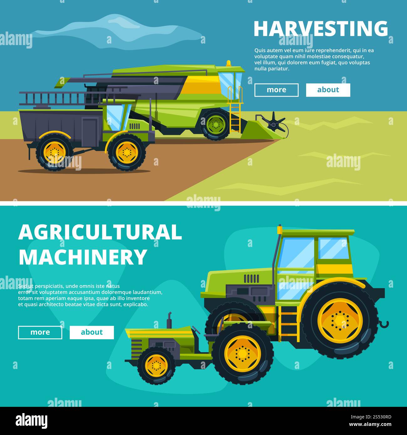 Banner mit Abbildungen von Landmaschinen. Vektor-Landwirtschaftsbetrieb, Traktor und Maschinen. Banner mit Abbildungen von Landmaschinen Stock Vektor