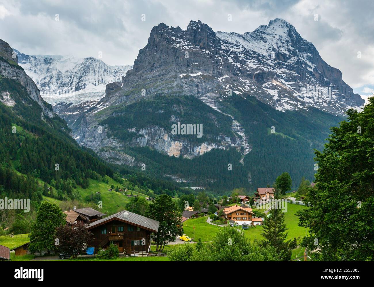 Sommer Alpen Berglandschaft mit Tanne Wald am Hang und schneebedeckten Rocky tops in weit, Schweiz. Land anzeigen. Stockfoto