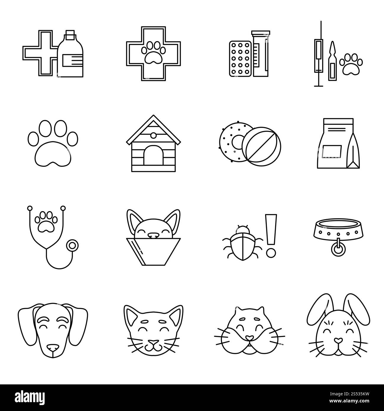 Lineare Icons Set der Tierarztklinik. Verschiedene Pflegemittel für Haustiere. Vektorbilder werden auf weiß isoliert. Darstellung der linearen Werkzeuge für die Hundepflege. Linear Stockfoto