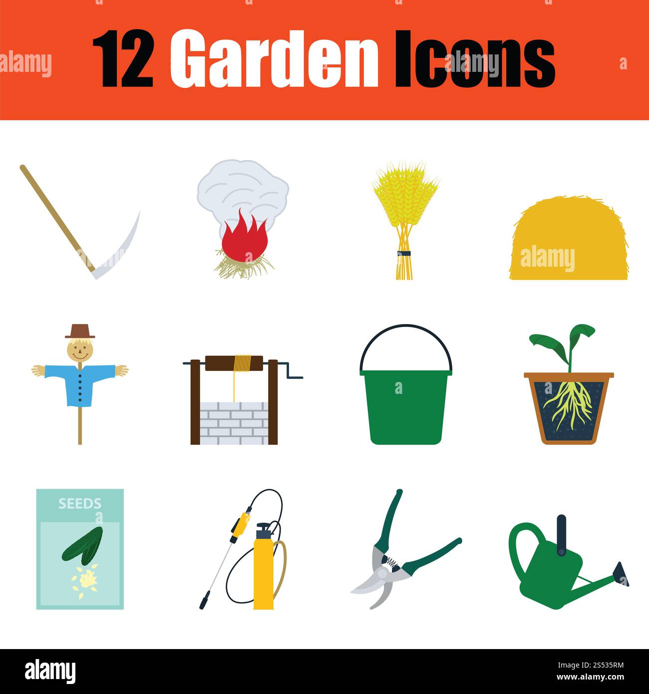 Einstellen der Gartenarbeit Symbole. Farbe und Design. Vector Illustration. Stockfoto