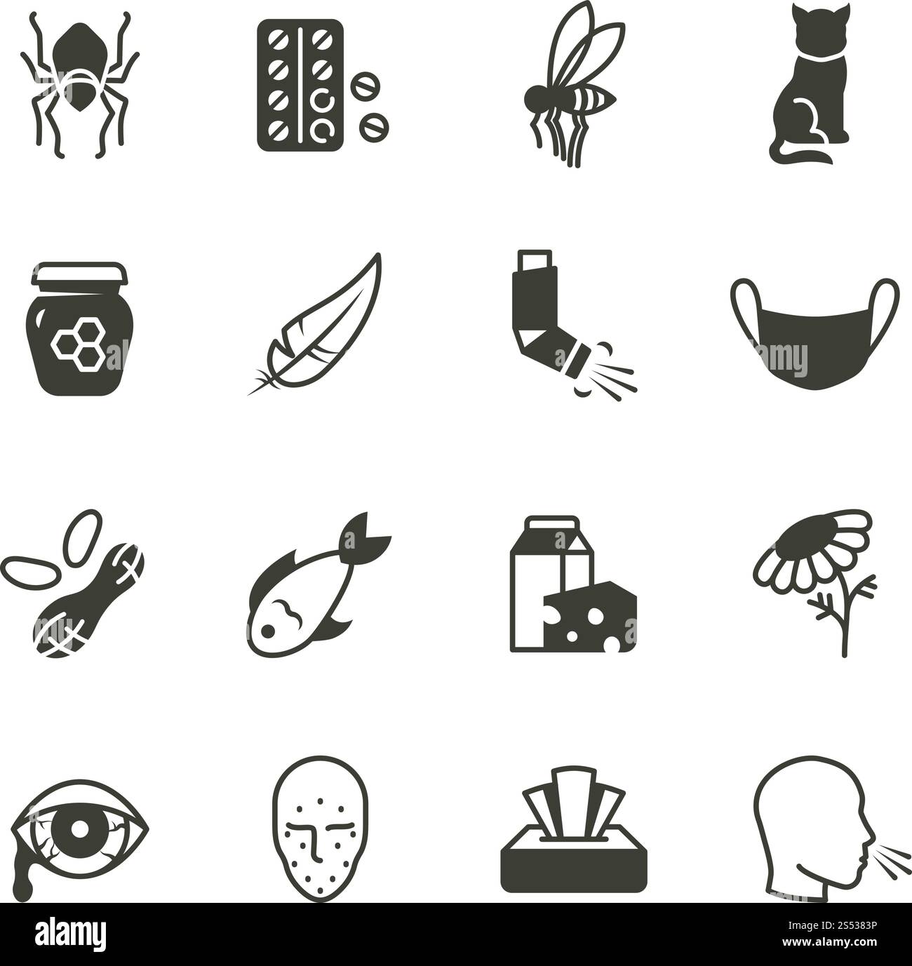 Pollen-, Staub-, Weizen- und Katzenallergie sowie Rhinitis-Symbole sind gesetzt. Allergie- und Allergenvektormedizinische Symbole isoliert. Illustration von Allergenstaub und Laktose, Insekten und Nüssen. Pollen-, Staub-, Weizen- und Katzenallergie sowie Rhinitis-Symbole sind gesetzt. Allergie- und Allergenvektormedizinische Symbole isoliert Stock Vektor