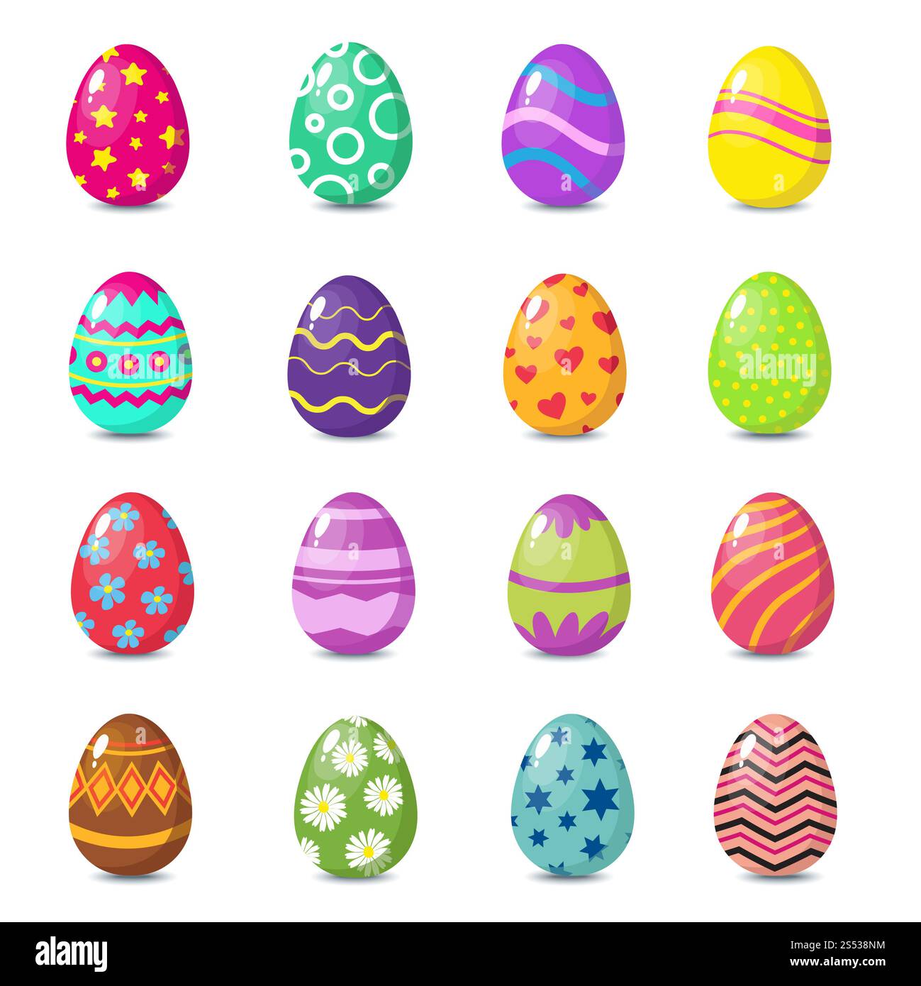 Karikatur bunte ostereier mit floralen Mustern isoliert Vektor Set. Osterei für den Feiertag Frühling mit Muster Blumen und Herz Illustration. Stockfoto