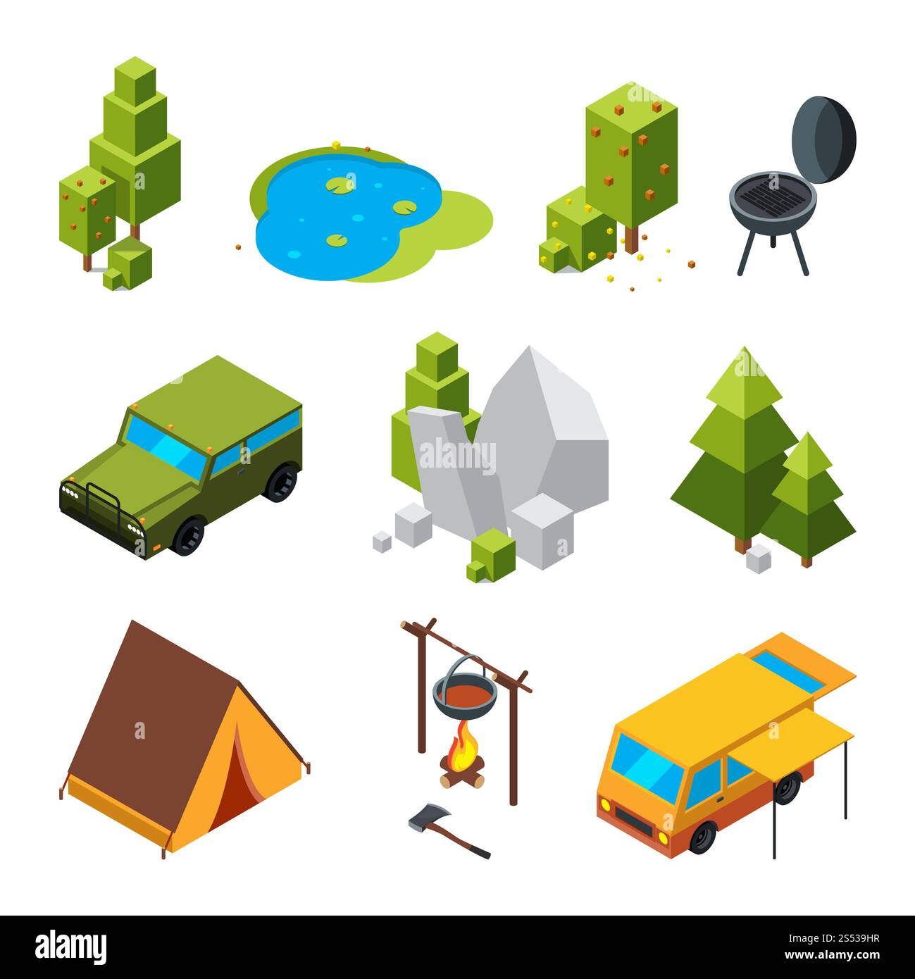 Isometrische Bilder des Campings. Garten, Steine und Felsen, Zelt. Vektor 3D Bilder Zeltlager, Baum und Auto für Reise Illustration. Isometrische Bilder Stockfoto