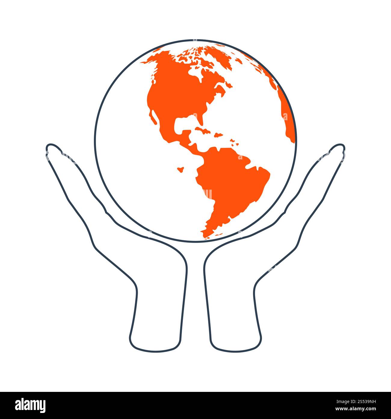 Hände halten Planet Symbol. Dünne Linie mit roten Füllen Design. Vector Illustration. Stockfoto