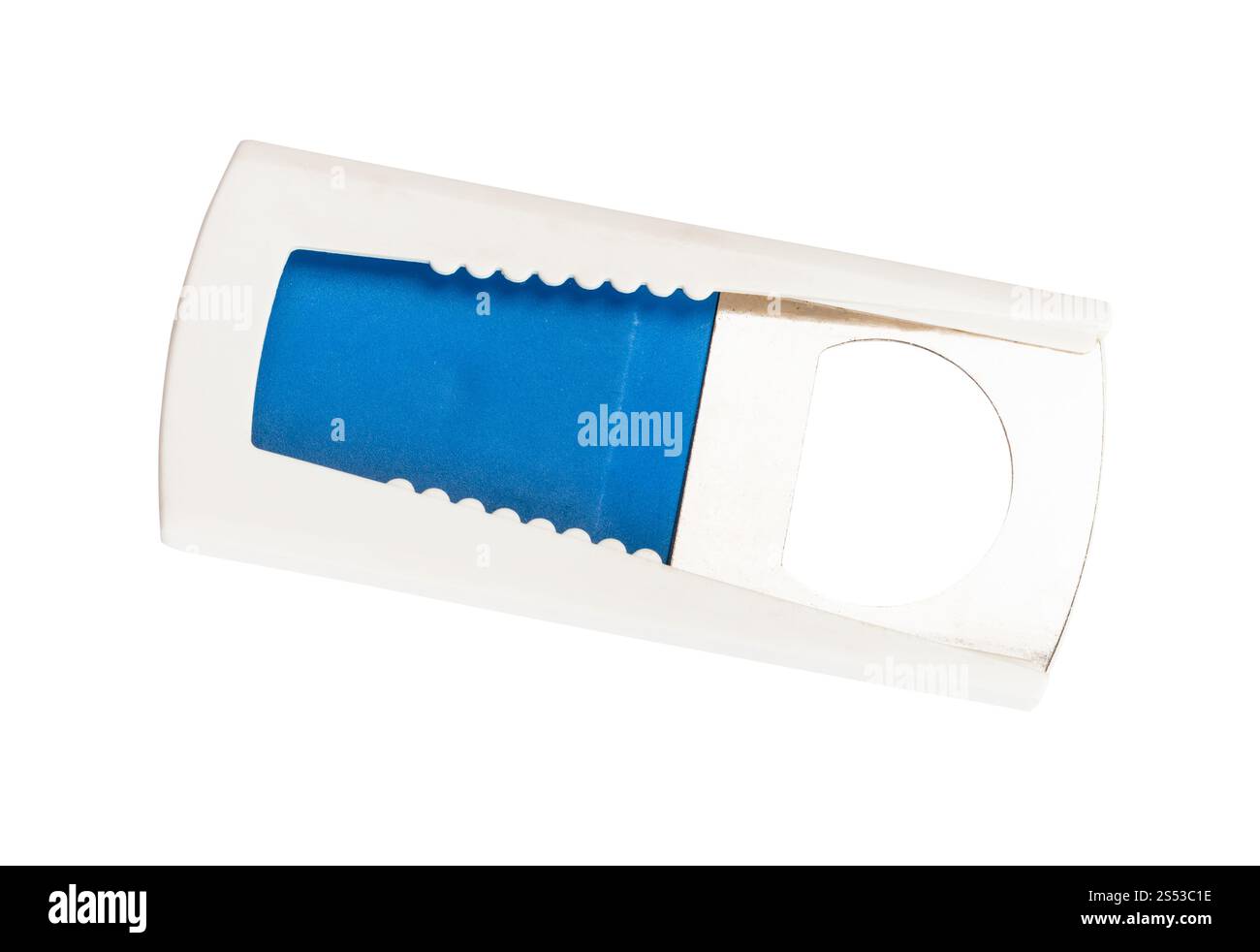 Einfache Flaschenöffner in Kunststoff Griff auf weißem Hintergrund Stockfoto