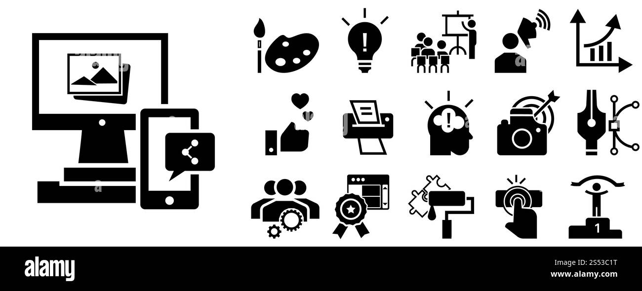 Markensymbolgruppe. Einfacher Satz von Markenvektorsymbolen für Webdesign auf weißem Hintergrund. Markensymbole, einfacher Stil Stockfoto