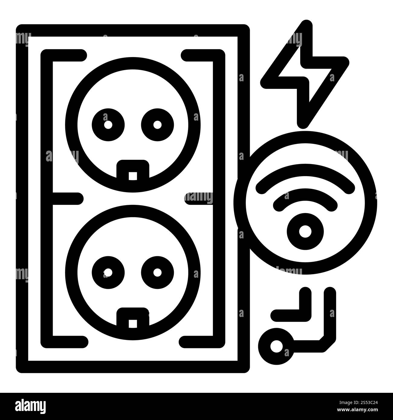 Symbol für Netzsteckdose. Umreißen Sie das Vektorsymbol für das Webdesign auf weißem Hintergrund. Symbol für Steckdose, Umrissstil Stockfoto