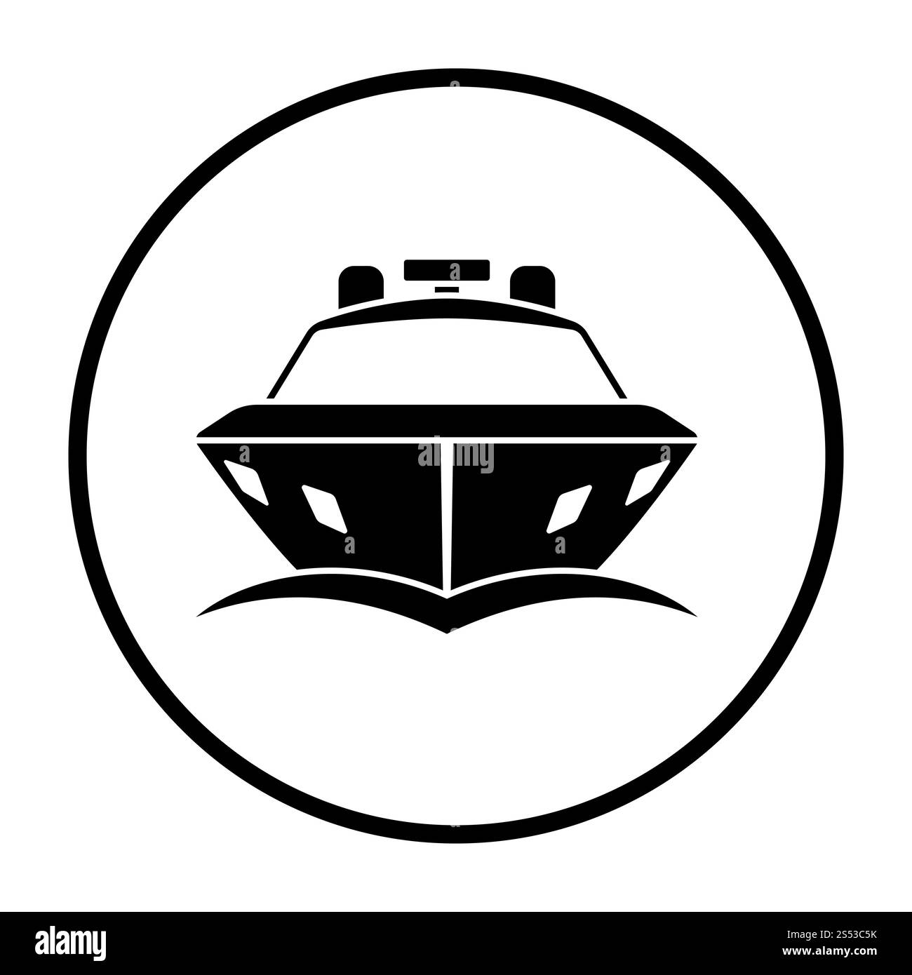 Motor yacht Symbol Vorderansicht. Dünne Kreis Stencil Design. Vector Illustration. Stockfoto